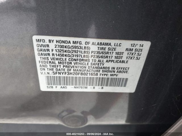 5FNYF3H20FB021658 Honda PILOT LX