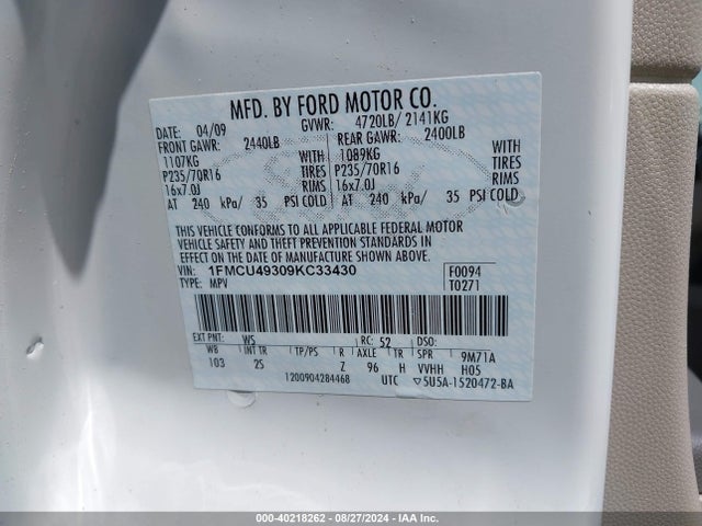 40218262 :رقم المزاد ، 1FMCU49309KC33430 vin ، 2009 Ford Escape Hybrid Limited مزاد بيع