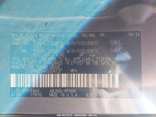 5TDYRKEC4RS204737 Toyota SIENNA XLE