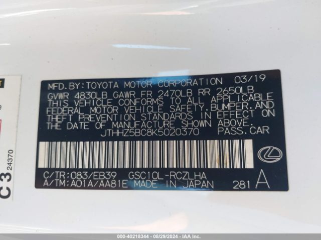 JTHHZ5BC8K5020370 Lexus Rc 350 F Sport