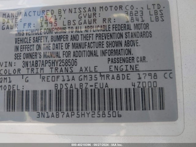 Nissan SENTRA S 2017 3N1AB7AP5HY258506 Image 9
