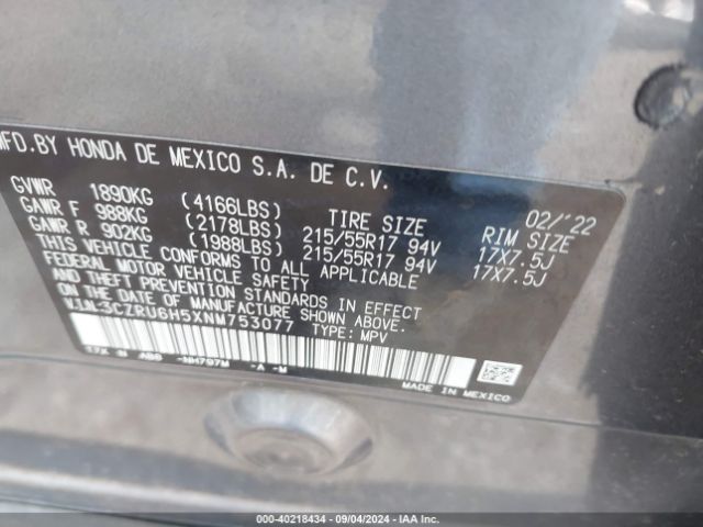 3CZRU6H5XNM753077 Honda Hr-v Awd Ex