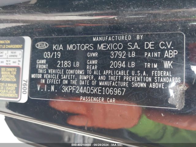 3KPF24AD5KE106967 KIA FORTE FE