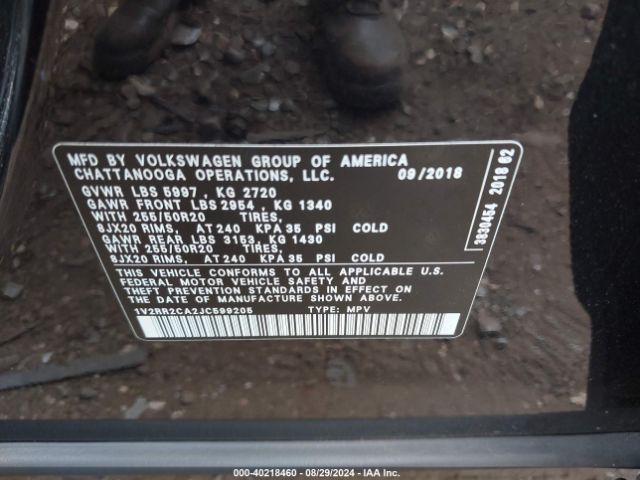 1V2RR2CA2JC599205 Volkswagen Atlas 3.6l V6 Sel