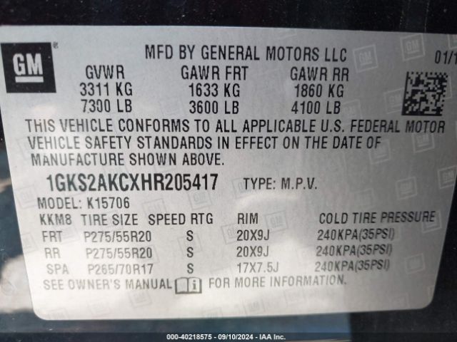1GKS2AKCXHR205417 GMC YUKON SLE