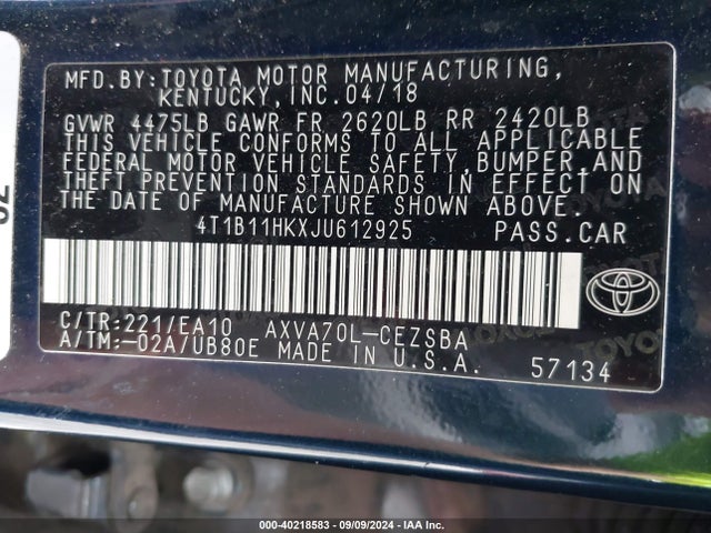 Toyota CAMRY SE 2018 4T1B11HKXJU612925 Image 9
