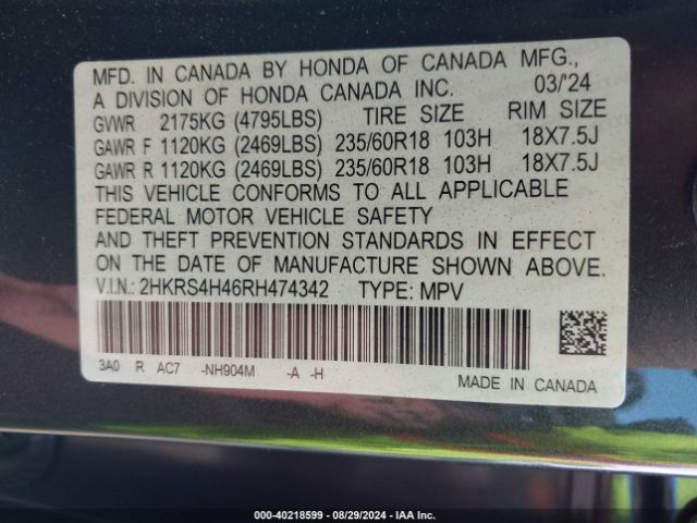 2HKRS4H46RH474342 Honda Cr-v Ex Awd