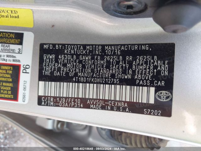4T1BD1FK0HU212795 Toyota Camry Hybrid Le