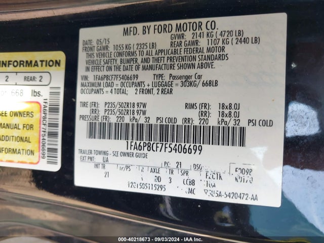 Ford MUSTANG GT 2015 1FA6P8CF7F5406699 Image 9