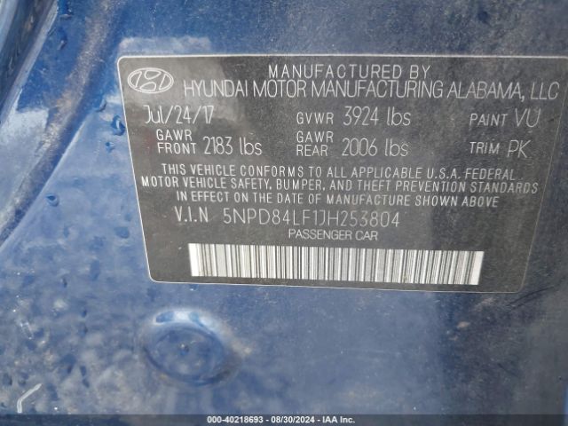 5NPD84LF1JH253804 Hyundai ELANTRA SEL