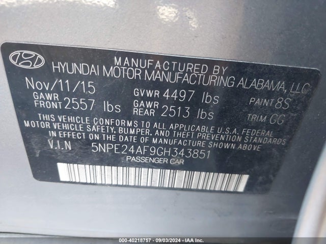 Hyundai SONATA SE 2016 5NPE24AF9GH343851 Image 9