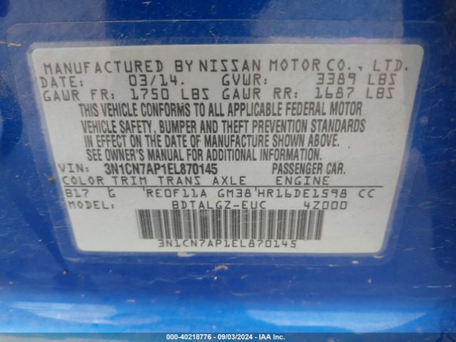 3N1CN7AP1EL870145 Nissan Versa 1.6 Sl