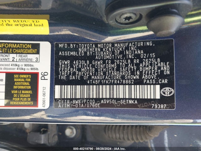Toyota CAMRY LE 2015 4T4BF1FK7FR478862 Image 9