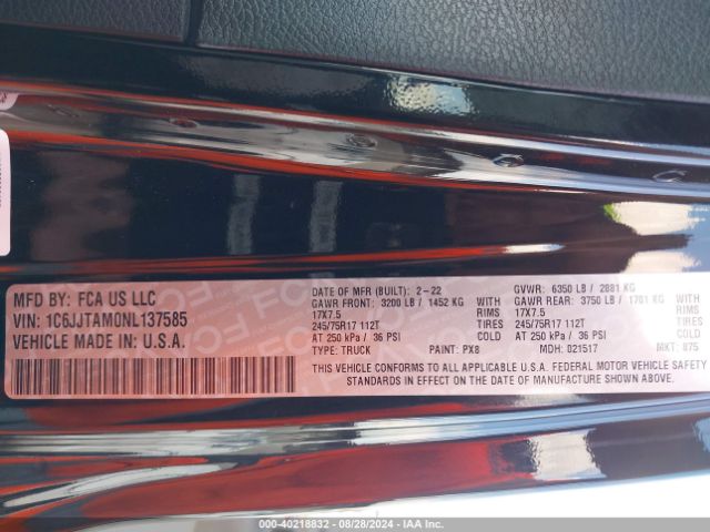 1C6JJTAM0NL137585 Jeep Gladiator Sport S 4x4