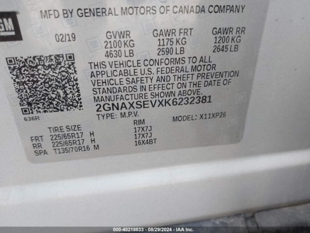 2GNAXSEVXK6232381 Chevrolet EQUINOX LS