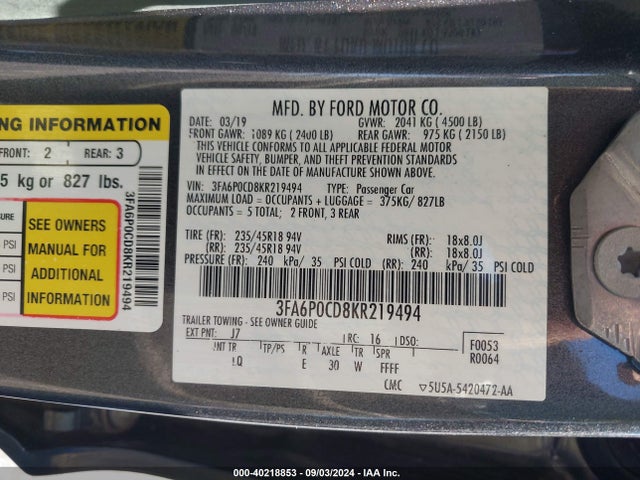 Ford FUSION SEL 2019 3FA6P0CD8KR219494 Image 9