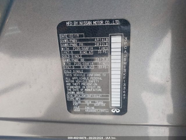 3PCAJ5M13KF133647 Infiniti Qx50 Luxe