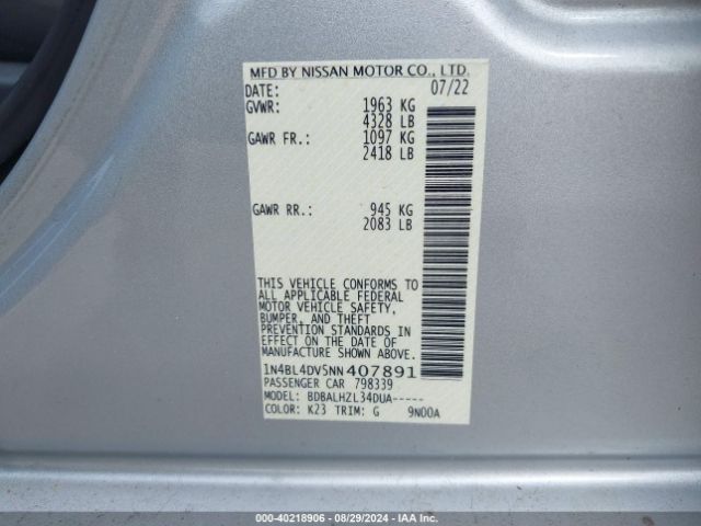 1N4BL4DV5NN407891 Nissan Altima Sv Fwd