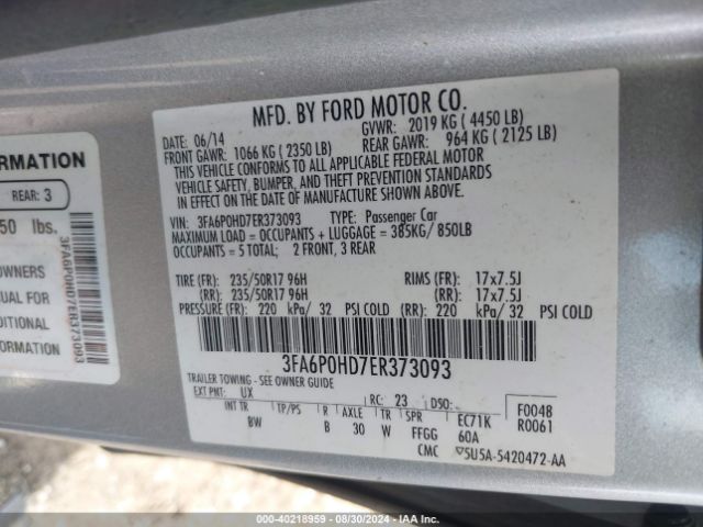 3FA6P0HD7ER373093 Ford FUSION SE