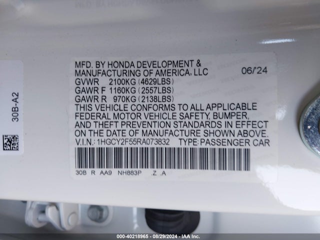 Продажа на аукционе авто 2024 Honda Accord Hybrid Sport, vin: 1HGCY2F55RA073832, номер лота: 40218965