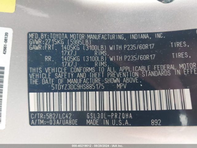 5TDYZ3DC9HS885175 Toyota Sienna Xle 8 Passenger