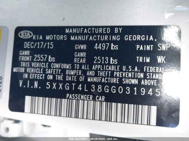 5XXGT4L38GG031945 KIA Optima Lx