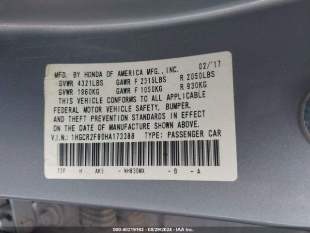 1HGCR2F80HA173388 Honda Accord Ex-l