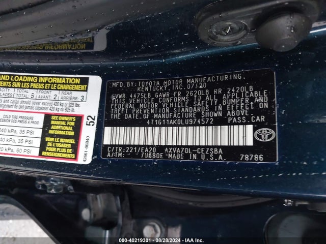 Toyota CAMRY SE 2020 4T1G11AK0LU974572 Image 9