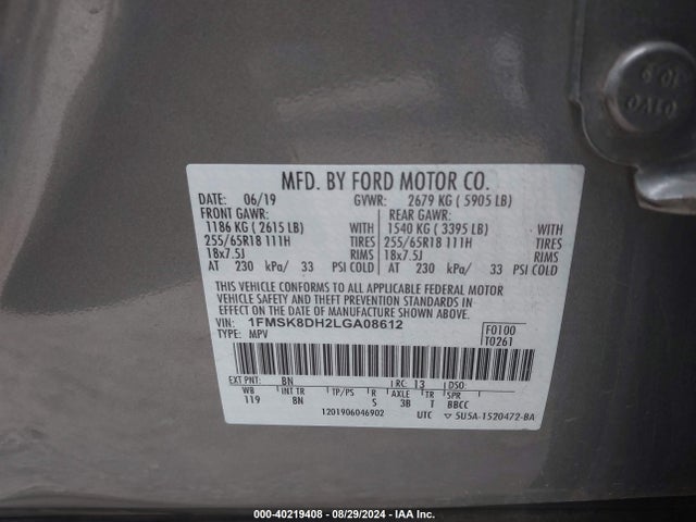 Ford EXPLORER XLT 2020 1FMSK8DH2LGA08612 Image 9