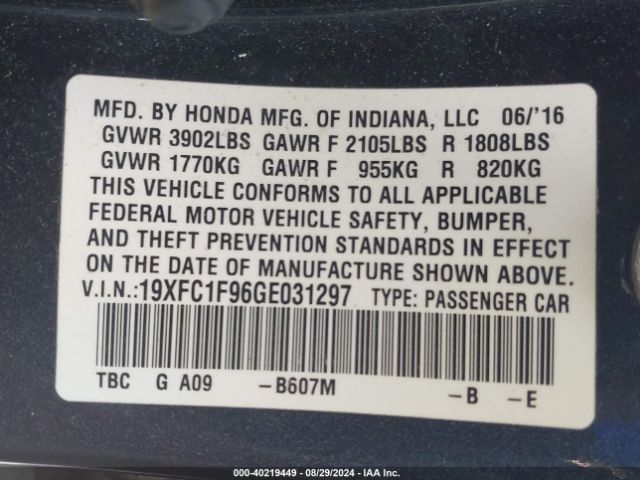19XFC1F96GE031297 Honda Civic Touring