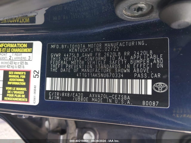 Toyota CAMRY SE 2022 4T1G11AK5NU670334 Image 9