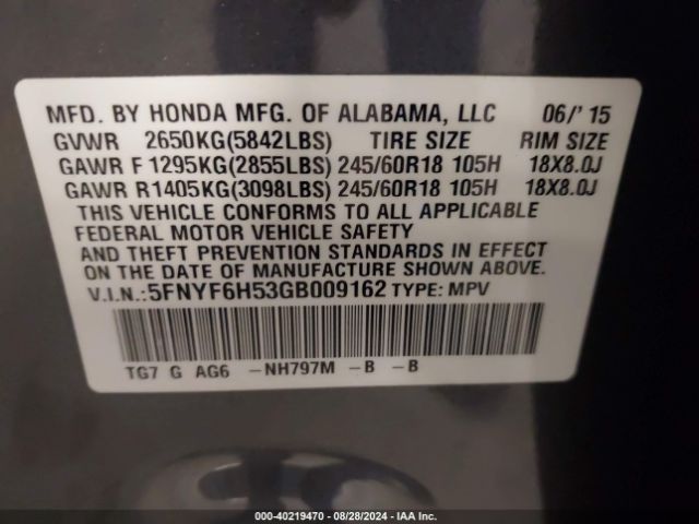 5FNYF6H53GB009162 Honda Pilot Ex-l