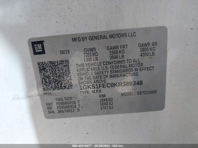 1GKS1FEC0KR389348 GMC Yukon Xl Sle