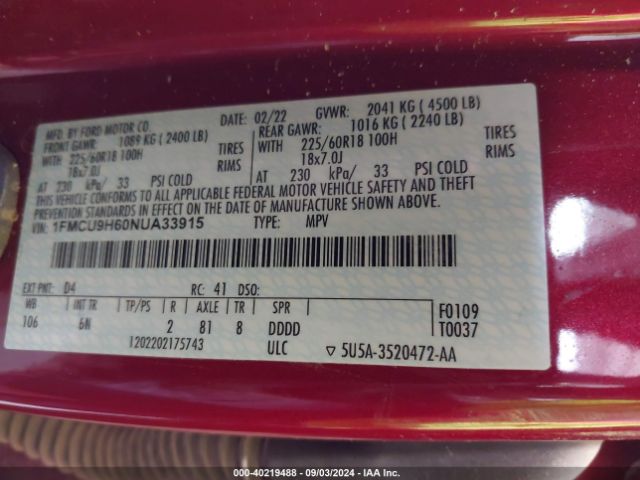 2022 FORD ESCAPE 1FMCU9H60NUA33915 Photo 8