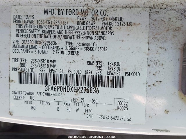 Ford FUSION SE 2016 3FA6P0HDXGR296836 Image 9
