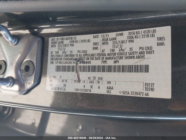 Ford ESCAPE SE 2016 1FMCU0GX1GUC10495 Image 9