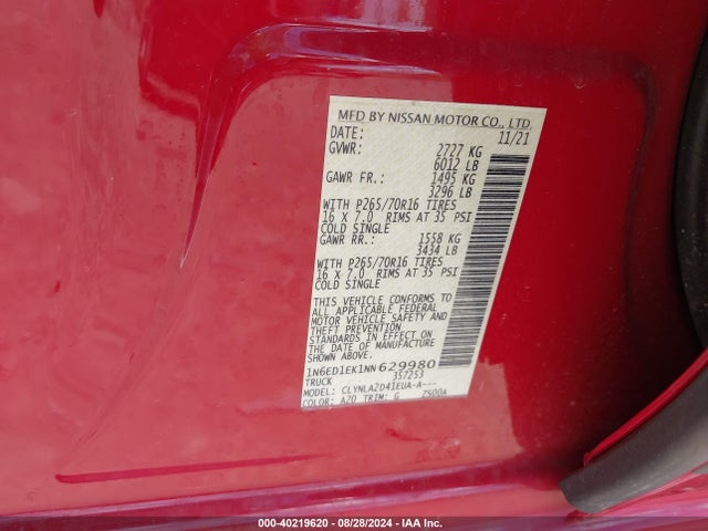 1N6ED1EK1NN629980 Nissan Frontier S 4x4