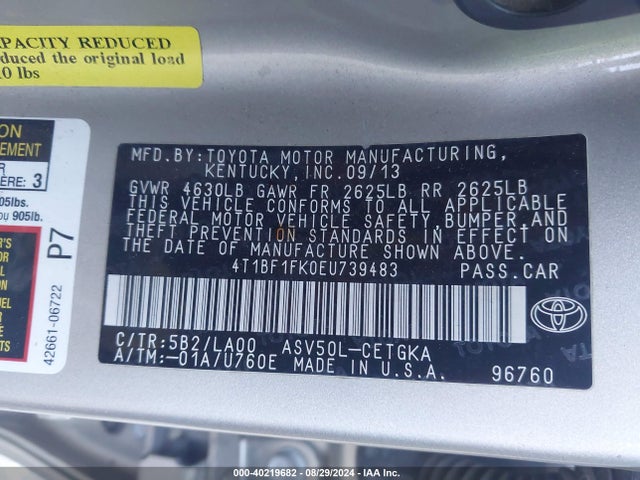 Toyota CAMRY XLE 2014 4T1BF1FK0EU739483 Image 9