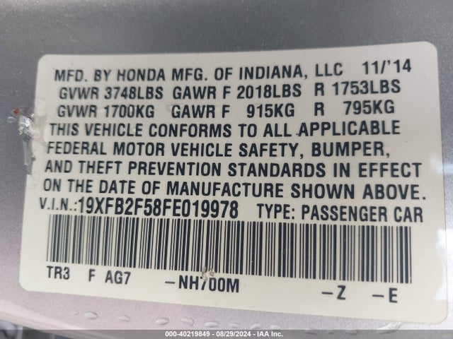 Honda Civic Lx 2015 19XFB2F58FE019978 Image 9