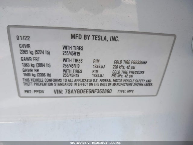 2022 TESLA MODEL Y 7SAYGDEE6NF362890 Photo 8