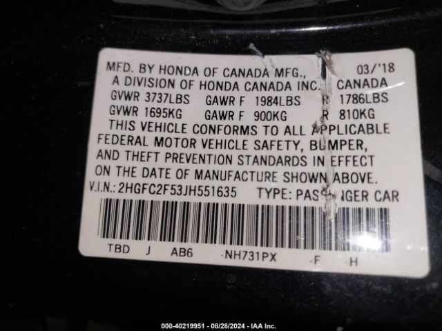 2HGFC2F53JH551635 Honda Civic Lx