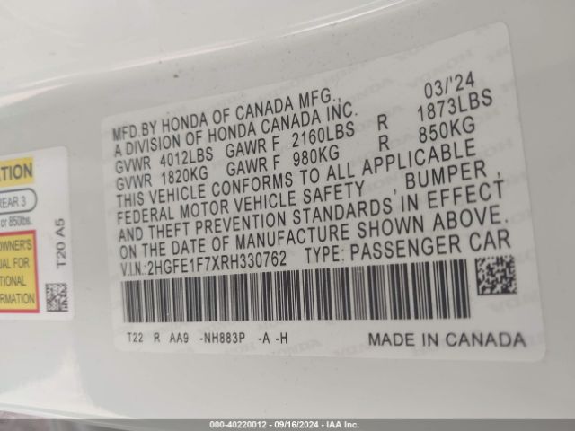 2HGFE1F7XRH330762 Honda CIVIC EX