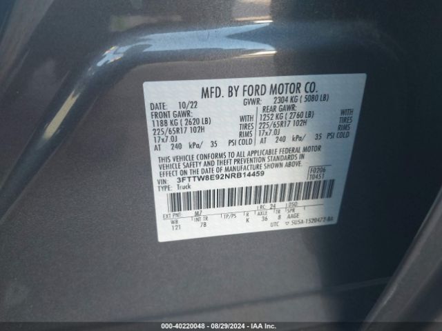 3FTTW8E92NRB14459 Ford Maverick Xlt