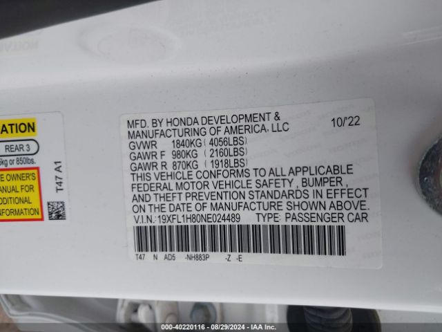 19XFL1H80NE024489 Honda Civic Sport Touring