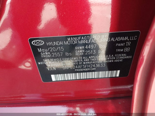 Hyundai SONATA SE 2015 5NPE24AF5FH243633 Image 9