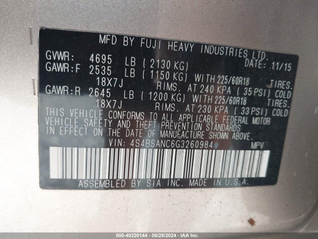 Subaru Outback 2.5i Limited 2016 4S4BSANC6G3260984 Image 9