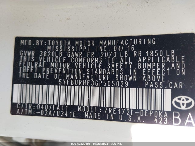 Toyota COROLLA L 2016 5YFBURHE3GP505029 Image 9