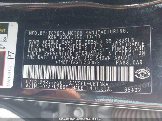 Toyota CAMRY SE 2014 4T1BF1FK3EU750073 Image 9
