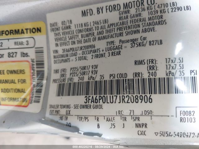 3FA6P0LU7JR208906 Ford Fusion Hybrid Se