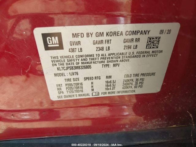KL7CJPSB3MB326805 Chevrolet Trax Awd Lt